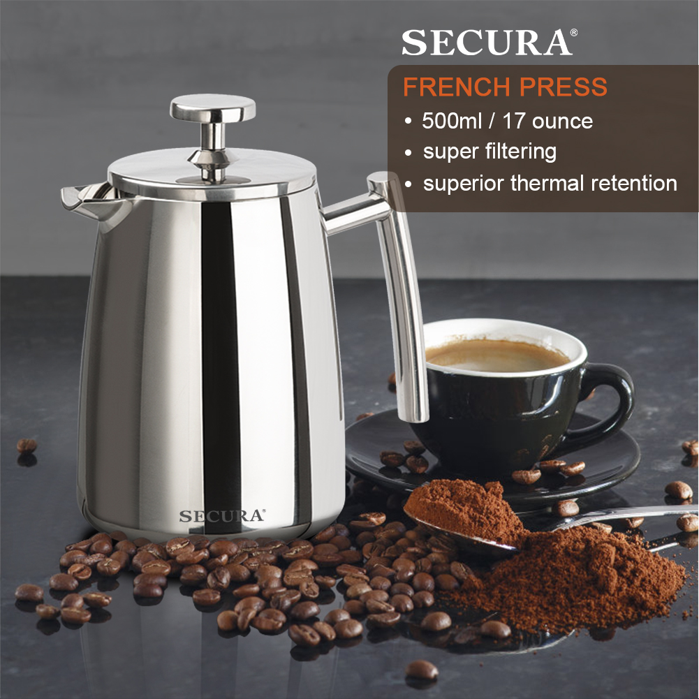 Secura French Press Coffee Maker, 17-Ounce, 18/10 Stainless Steel Insulated Coffee  Press with Extra Screen - The Secura