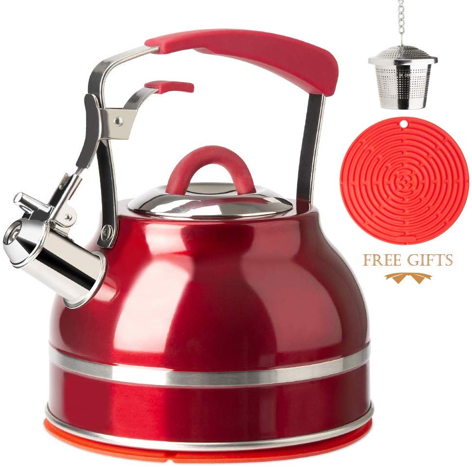 Secura Whistling Tea Kettle, 2.3 Qt Tea Pot, Stainless Steel Hot Water  Kettle for Stovetops with Silicone Handle, Tea Infuser, Silicone Trivets  Mat, Red - The Secura