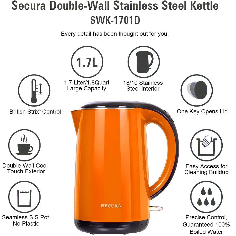 Secura SWK-1201DRO Stainless Steel Electric Tea Kettle with Auto Shut-Off &  Boil Dry Protection