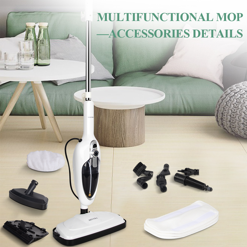 Secura Steam Mop 10-in-1 Convenient Detachable Steam Cleaner, White Multifunctional Cleaning Machine Floor Steamer with 3