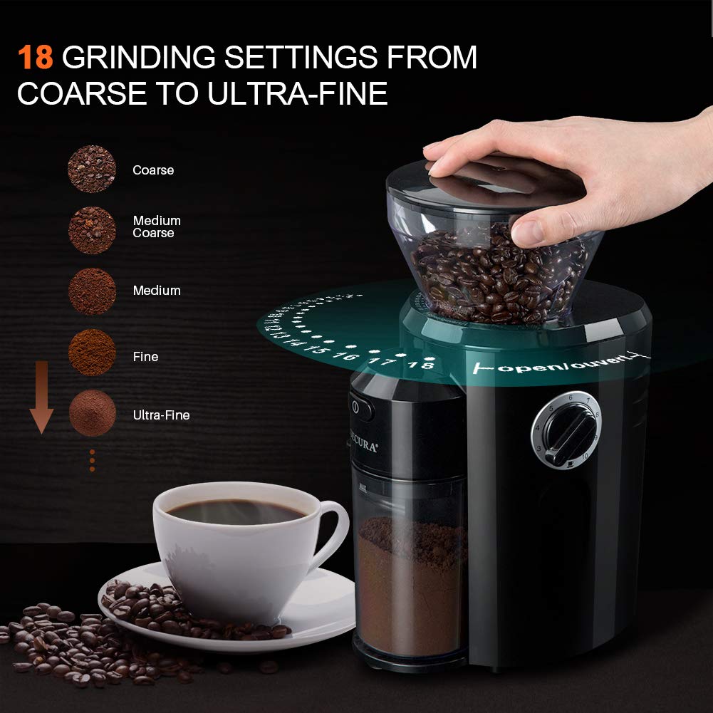 Secura Conical Burr Coffee Grinder, Adjustable Burr Mill with 35 Grind Settings, Electric Coffee Bean Grinder for 2-12 Cups, Black, Large
