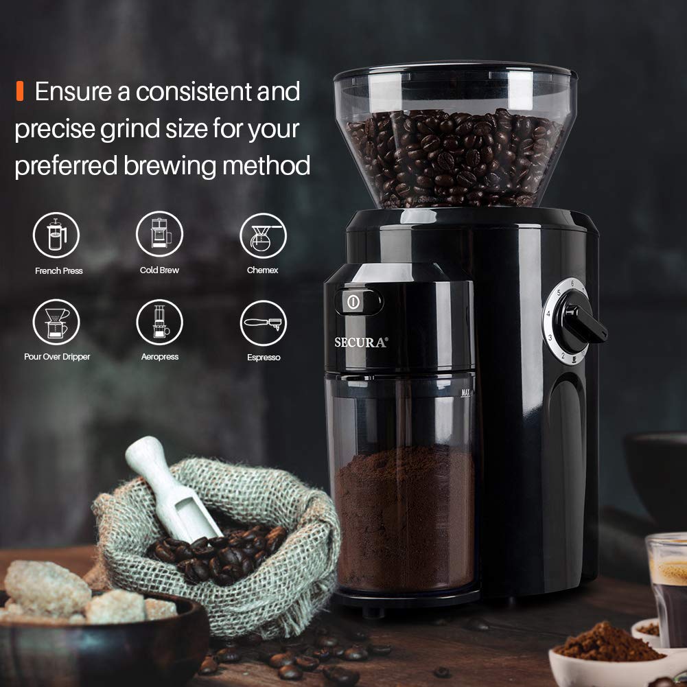Secura Burr Coffee Grinder, Conical Burr Mill Grinder with 18 Grind
