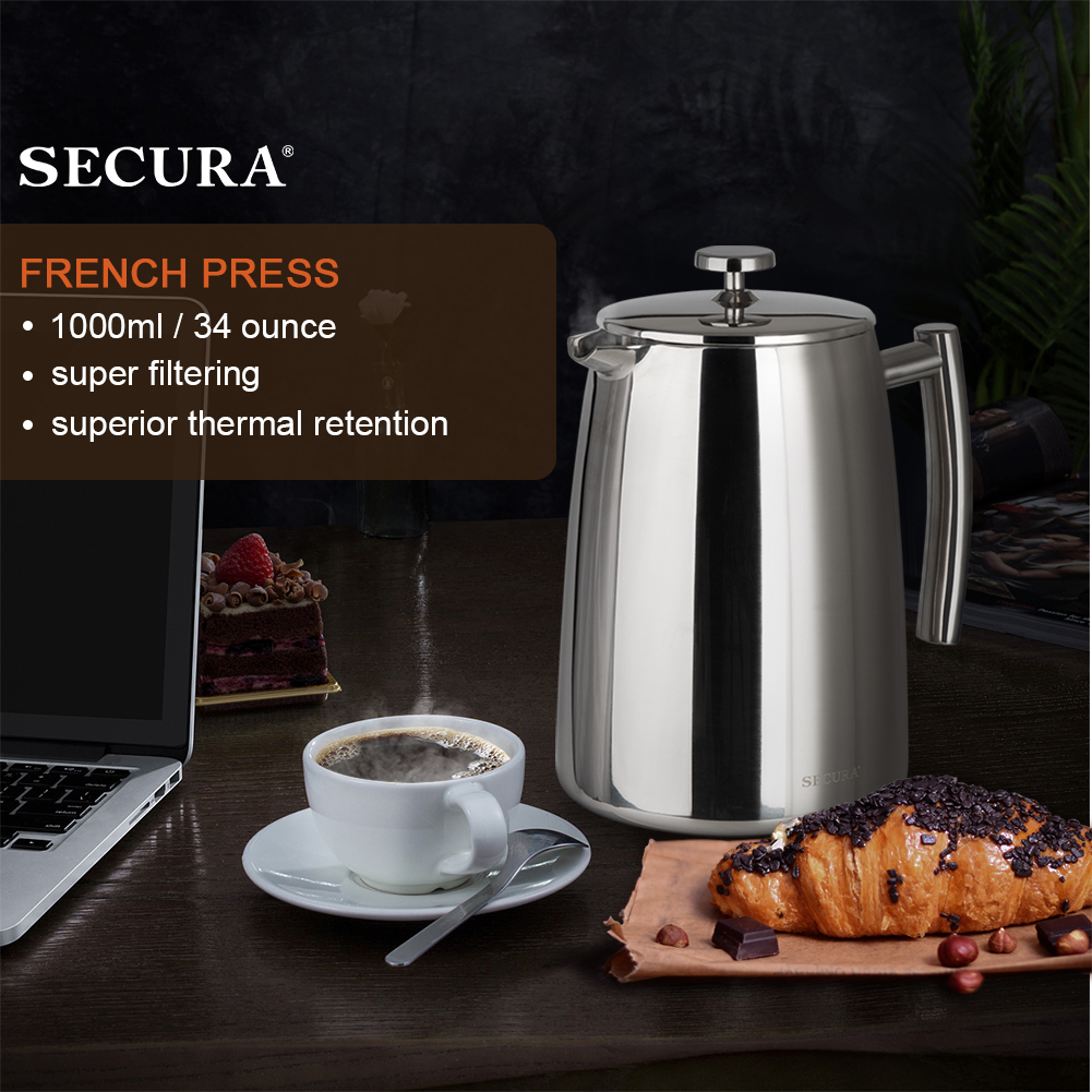 Secura French Press Coffee Maker, 34-Ounce, 18/10 Stainless Steel Insulated Coffee Press with Extra Screen