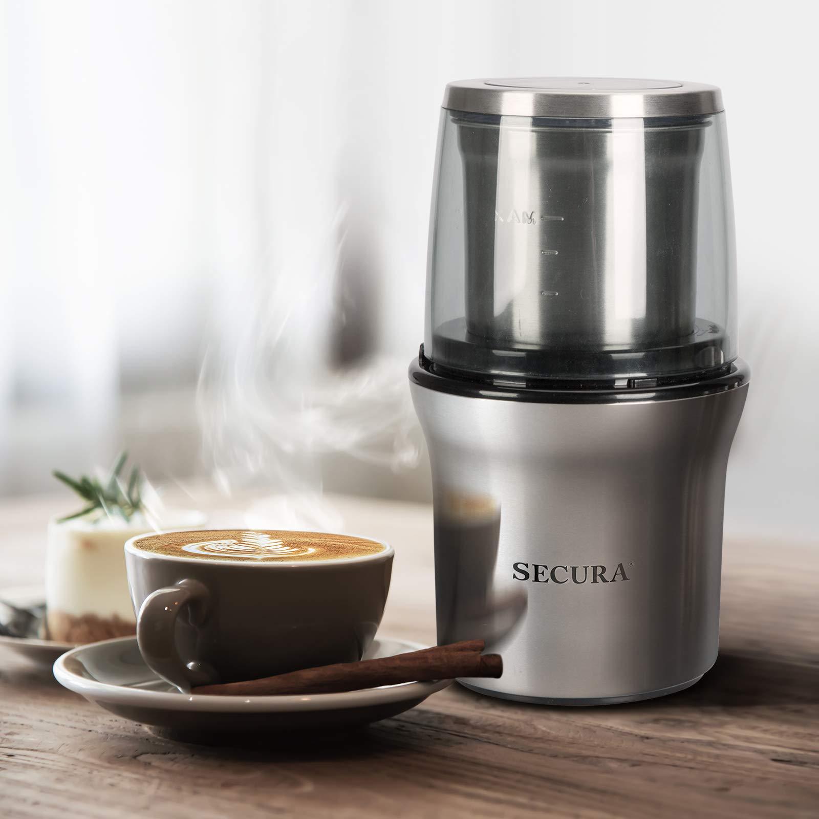 Secura Electric Coffee Grinder and Spice Grinder with 2 Stainless