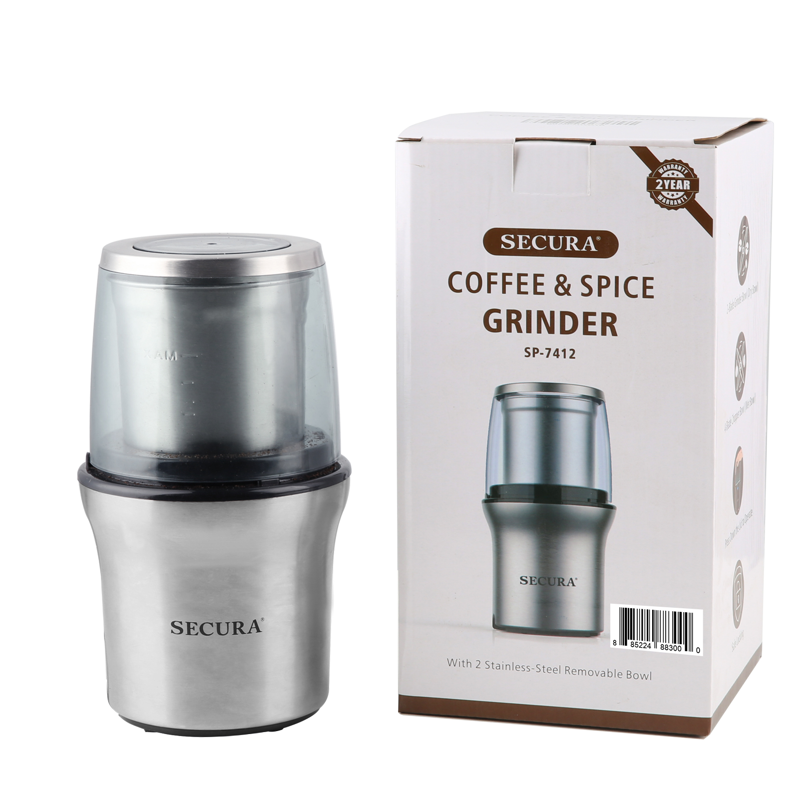 Secura Electric Coffee Grinder and Spice Grinder with 2 Stainless