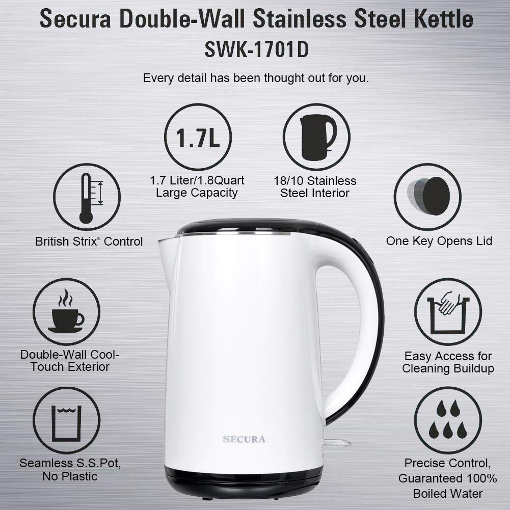 Secura SWK-1701DB Stainless Steel Double Wall Electric Water Tea Kettle 1.8  Qt