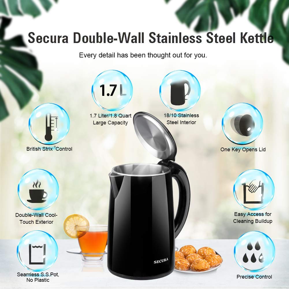 Secura SWK-1701DB The Original Stainless Steel Double Wall Electric Water  Kettle 1.8 Quart, Red
