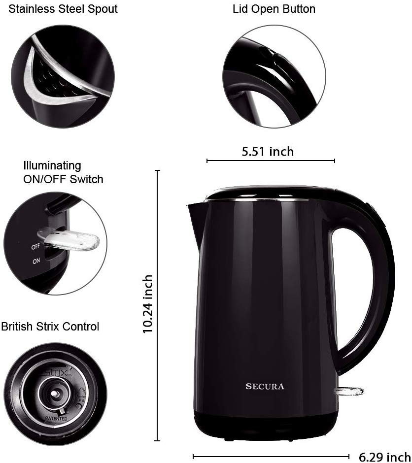  Secura SWK-1701DB The Original Stainless Steel Double Wall  Electric Water Kettle 1.8 Quart, Black Onyx : Everything Else